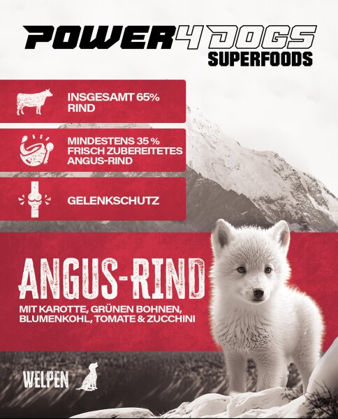 POWER4DOGS Superfood 65 Sortiment Welpen Angus-Rind mit Karotte, grünen Bohnen, Blumenkohl, Tomate & Zucchini 12kg