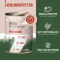 REAVET Rind mit Kartoffeln an Erbsen-Möhren-Püree & Apfel 400g