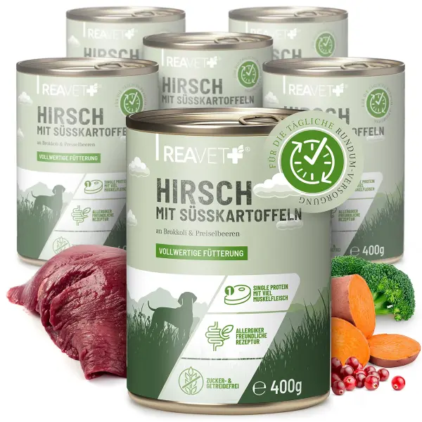 REAVET Hirsch mit Süßkartoffel an Brokkoli & Preiselbeeren | 400g