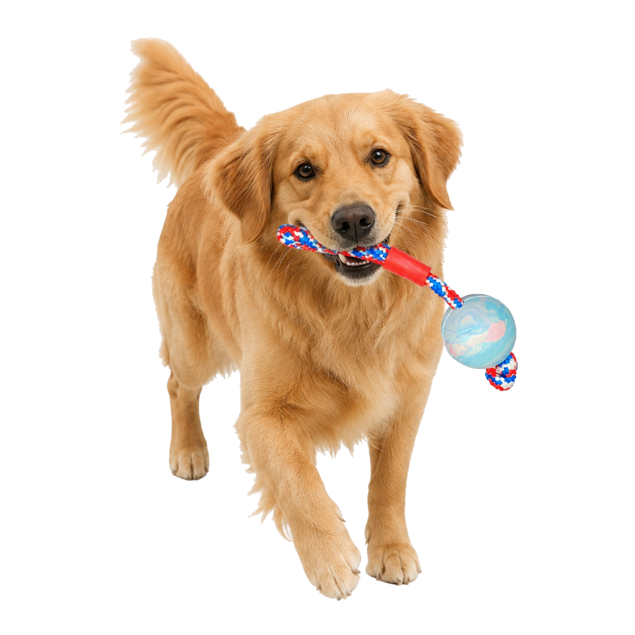 Hund trägt das BUBIMEX Ballspielzeug am Seil
