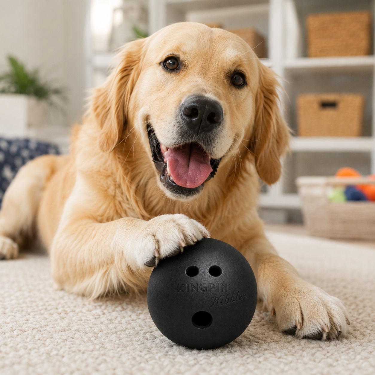 Hund spielt mit dem Petsport Kingpin Kibbler schwarzen Hundespielzeugball