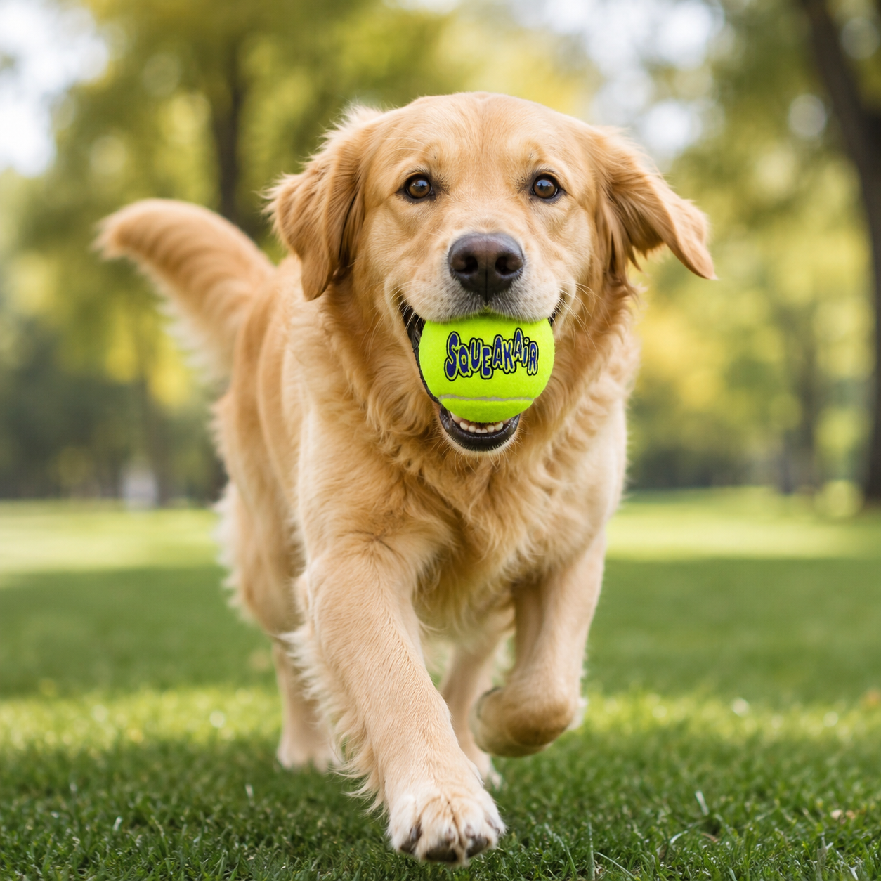 Hund apportiert einen KONG SqueakAir Tennisball im Park